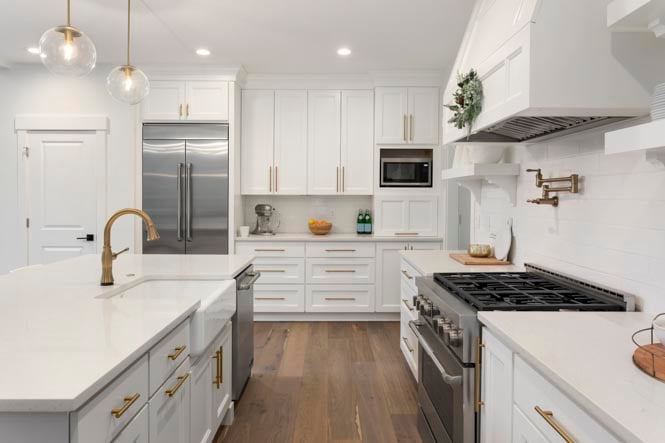 Beautiful Kitchen In New Luxury Home With Island, Pendant Lights