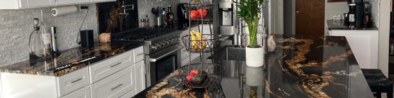 Black Magma Granite Kitchen Countertop Stacked Stone Backsplash Katy, Texas